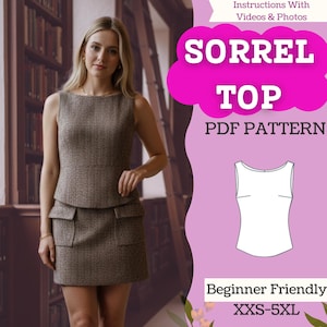 Pode incluir: Uma mulher vestindo um top e uma saia de tweed marrom. A imagem inclui um gráfico com o texto "SORREL TOP PDF PATTERN" e um desenho de linha de um top sem mangas. O texto "Beginner Friendly" e a gama de tamanhos "XXS-5XL" também são visíveis.
