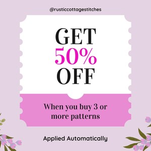 May include: A promotional graphic with a light purple background and a white and pink coupon design. The coupon reads "GET 50% OFF" in large black and pink text. Below, it states "When you buy 3 or more patterns" and "Applied Automatically."