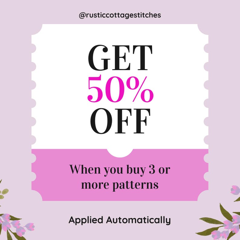 May include: A promotional graphic with a light purple background and a white and pink coupon design. The coupon reads "GET 50% OFF" in large black and pink text. Below, it states "When you buy 3 or more patterns" and "Applied Automatically."