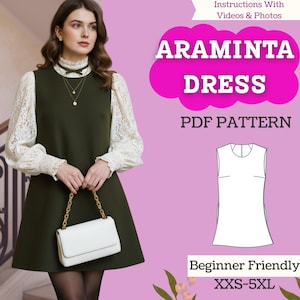 Peut inclure: Une robe vert olive avec un haut à manches longues en dentelle blanche. L'image comprend le texte "ARAMINTA DRESS PDF PATTERN" et une illustration de patron de robe. Un sac à main blanc avec une chaîne dorée est tenu dans les mains du modèle. Le patron est adapté aux débutants et disponible en tailles XXS-5XL.