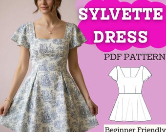 Square-Neck Flutter Sleeve Dress Sewing Pattern: Half-Circle Skirt (PDF Download, XXS–5XL)