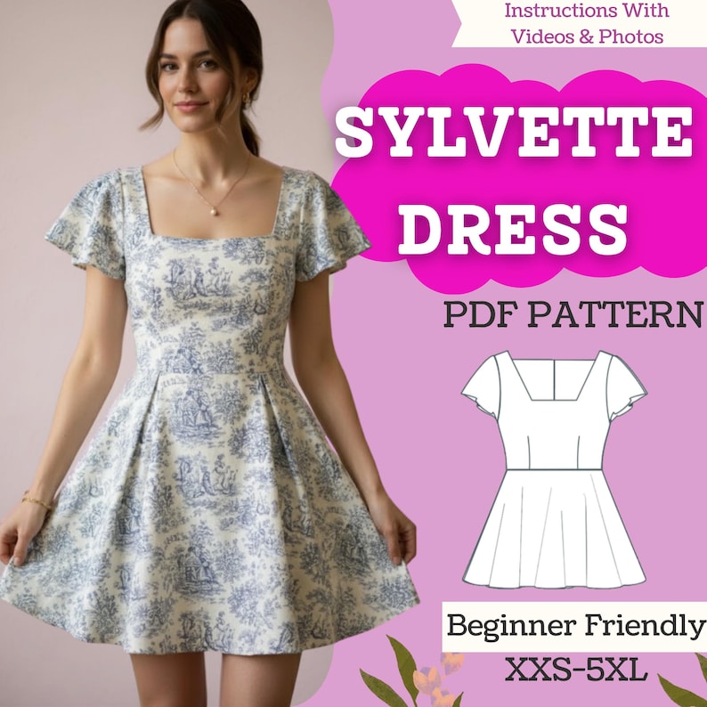 May include: A light blue and white Sylvette dress with a square neckline and short sleeves. The dress features a toile pattern and a pleated skirt. The image also includes a diagram of the dress and the text "Sylvette Dress PDF Pattern" and "Beginner Friendly XXS-5XL."