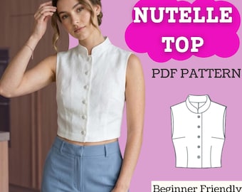Women’s Cropped Fitted Mandarin Collar Top PDF Sewing Pattern, Button-Front Sleeveless Blouse / Vest
