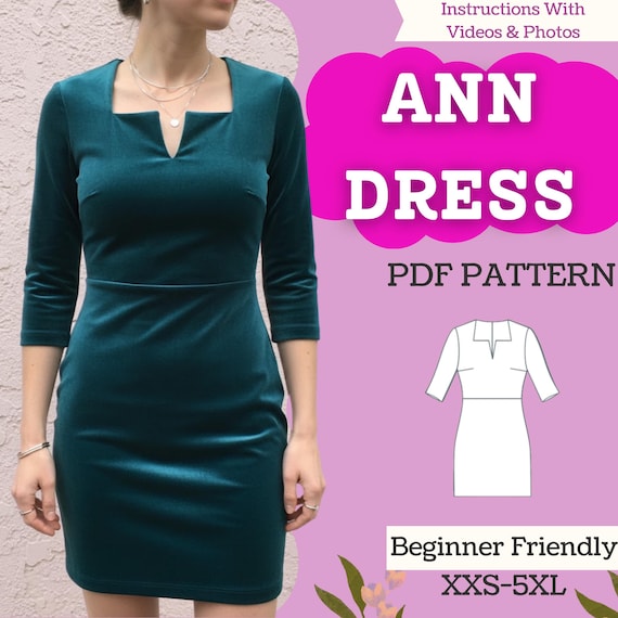Stretch-Knit Mini Dress Sewing Pattern (PDF Download): Above-Knee, 3/4 Sleeve, Womens XXS5XL Stretch-Knit Mini Dress Sewing Pattern (PDF Download): Above-Knee, 3/4 Sleeve, Womens XXS5XL