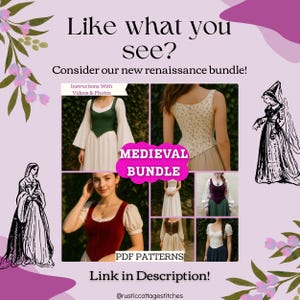 May include: A digital advertisement for a medieval bundle of PDF sewing patterns. The image features multiple photos of garments including bodices, skirts, and dresses with various sleeve styles, alongside floral illustrations and text.