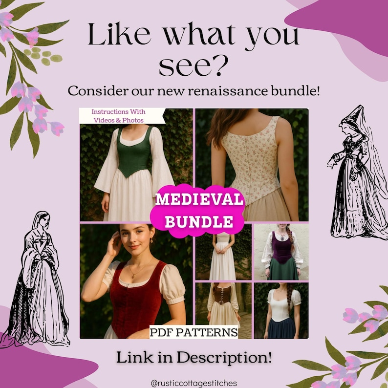 May include: A digital advertisement for a medieval bundle of PDF sewing patterns. The image features multiple photos of garments including bodices, skirts, and dresses with various sleeve styles, alongside floral illustrations and text.