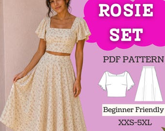 Mönster för kort topp och midikjol med fladdrande ärmar: Linne Cottagecore (PDF XXS-5XL)