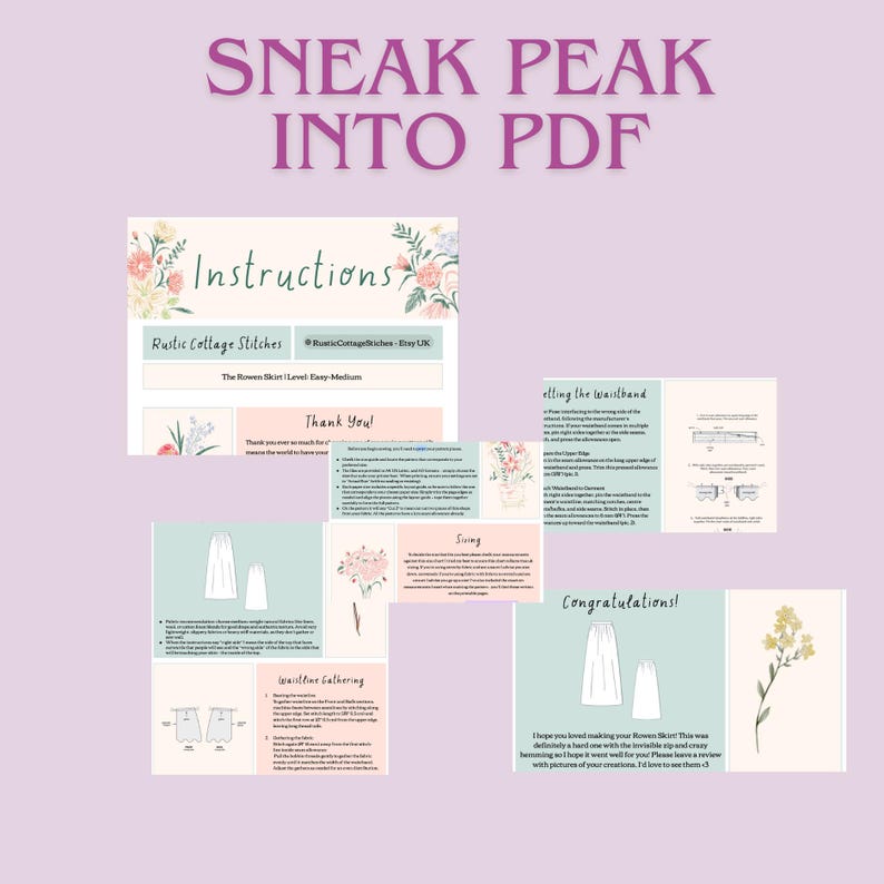 May include: A digital PDF sewing pattern titled "The Rowen Skirt" with instructions, diagrams, and text. The image features a light purple background with floral accents and the text "SNEAK PEAK INTO PDF".