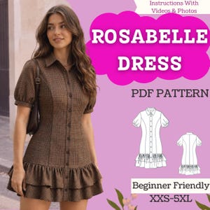Peut inclure: Une robe chemise à carreaux marron avec un col, des manches courtes bouffantes, une fermeture boutonnée et un ourlet à double volant. Le texte indique Rosabelle Dress, PDF Pattern, Instructions With Videos & Photos, Beginner Friendly, XXS-5XL.