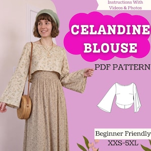 Könnte beinhalten: Ein digitales PDF-Schnittmuster für eine Celandine-Bluse mit kurzem Schnitt und weiten Glockenärmeln. Die Grafik enthält Text, eine technische Zeichnung der Bluse sowie Größenangaben von XXS bis 5XL für Nähanfänger.
