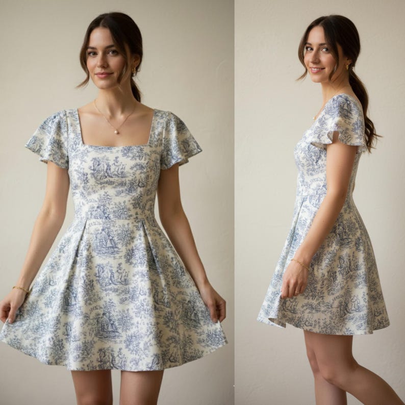 May include: A white and blue toile print dress with a square neckline and short, flutter sleeves. The dress features a fitted bodice and a flared skirt. The fabric has a classic toile pattern in blue on a white background. The dress is knee-length.