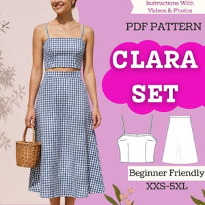 May include: A two-piece set featuring a blue and white gingham crop top with thin straps and a matching midi skirt. The image includes text reading PDF PATTERN CLARA SET, Beginner Friendly, and XXS-5XL, alongside a line drawing of the garments.
