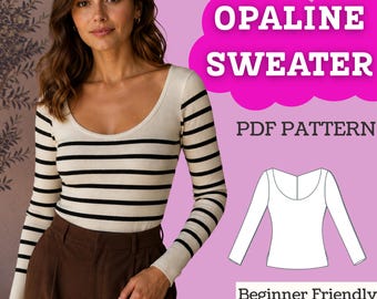 Mönster för stickad topp med rund halsringning (PDF-nedladdning): Långärmad tröja/jumper, dam XXS–5XL