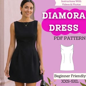 Könnte beinhalten: Ein schwarzes ärmelloses Kleid mit U-Boot-Ausschnitt und tailliertem Oberteil. Das Bild enthält den Text Diamora Dress PDF Pattern, Instructions With Videos & Photos, Beginner Friendly und die Größen XXS-5XL sowie eine weiße Strichzeichnung.
