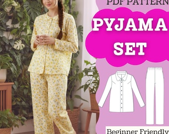 May include: A yellow pajama set with a small floral pattern, including a long-sleeved button-down shirt and matching pants. The image includes text: Instructions With Videos & Photos, PDF PATTERN, PYJAMA SET, Beginner Friendly, XXS-5XL.