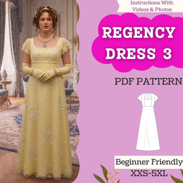 Regency Empire-Waist Dress Sewing Pattern: Square Neck A-Line Maxi (PDF Download, XXS–5XL)
