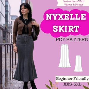 May include: A PDF sewing pattern for the Nyxelle Skirt, featuring a long, dark grey denim mermaid-style skirt with a flared hem. The graphic includes text, illustrations of the skirt design, and size range XXS-5XL on a light purple background.