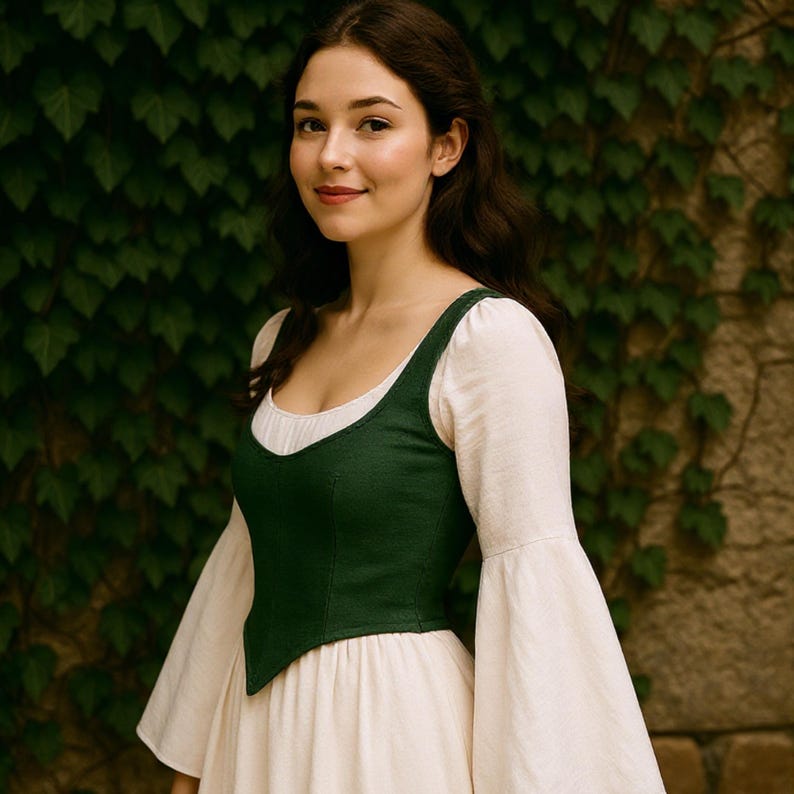 May include: A woman wearing a dark green bodice over a white dress with long, bell sleeves. The bodice has a scoop neckline and a fitted silhouette. The background is a wall covered in green ivy.