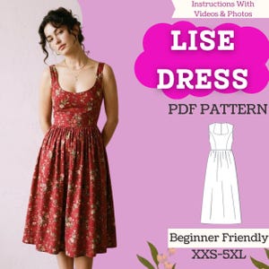Könnte beinhalten: Ein rotes Kleid mit floralem Muster, einem U-Ausschnitt und einem gerafften Rock. Das Kleid ist knielang und hat ein eng anliegendes Oberteil. Das Bild enthält auch den Text "LISE DRESS PDF PATTERN" und "Beginner Friendly XXS-5XL".