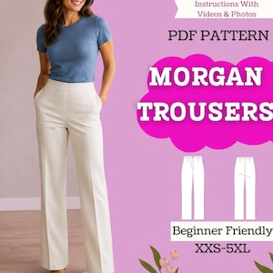 Può includere: Un cartamodello in PDF per i pantaloni Morgan con istruzioni, video e foto. Il design include una t-shirt blu e pantaloni color bianco sporco con taglio dritto. Il testo recita PDF PATTERN MORGAN TROUSERS Beginner Friendly XXS-5XL.