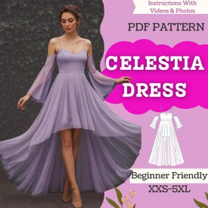 Op de afbeelding: Een lichtpaarse Celestia-jurk met spaghettibandjes en zwierige klokmouwen. De jurk heeft een high-low zoom en wordt getoond op een model. De afbeelding bevat de tekst "PDF PATTERN" en "CELESTIA DRESS".