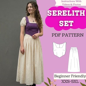 Puede incluir: Un patrón PDF Serelith Set que presenta un corpiño morado con mangas cortas abullonadas y una falda larga de color crema. El gráfico incluye el texto: Instructions With Videos & Photos, SERELITH SET, PDF PATTERN, Beginner Friendly, y XXS-5XL.
