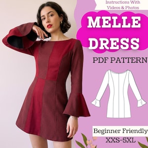 May include: A burgundy dress with long sleeves and flared cuffs. The dress features a patchwork design with a textured pattern. The image includes the text "Melle Dress PDF Pattern" and "Beginner Friendly XXS-5XL".