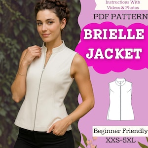 以下が含まれることがあります： ハイネックとシルバーのジッパーが付いた、クリーム色のノースリーブジャケット。 ジャケットは人が着用しています。 画像には「Brielle Jacket」と「PDF Pattern」の文字が含まれています。 ジャケットは初心者向けで、XXS-5XLサイズがあります。