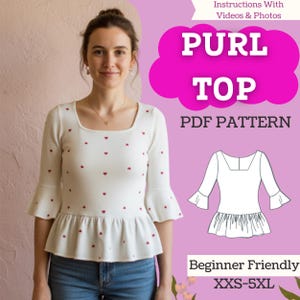 Peut inclure: Un haut blanc à manches longues avec une encolure carrée, des manches évasées et un bas à basque, orné d'un motif de petits cœurs rouges. L'image contient le texte PURL TOP PDF PATTERN, Beginner Friendly, XXS-5XL et un croquis du vêtement.