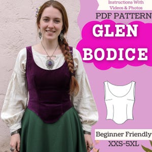 May include: A woman in a purple velvet bodice, cream blouse, and green skirt. The image features text: "PDF Pattern Glen Bodice" and "Beginner Friendly XXS-5XL". The outfit is a historical style.
