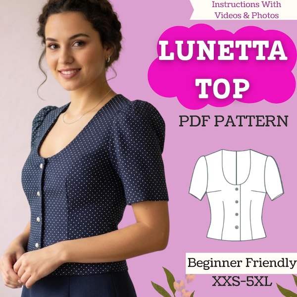 Naaipatroon kortere blouse pofmouwen (pdf) | Top met ronde hals en knopen | Geweven damesshirt
