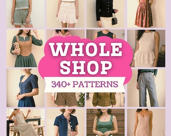 May include: A digital collection of 340+ sewing patterns featuring various garments including dresses, skirts, shorts, jackets, and tops. The image displays multiple examples of finished clothing items with the text WHOLE SHOP 340+ PATTERNS PDF PATTERNS.