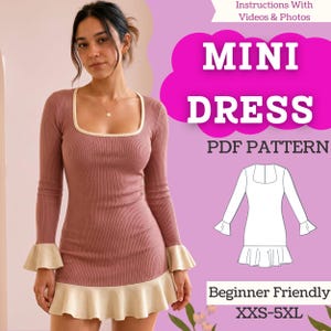 Fitted Mini Dress Sewing Pattern PDF | Flounce Sleeves & Ruffle Hem | Women’s Bodycon | Instant Download | Multi-Size | XXS–5XL