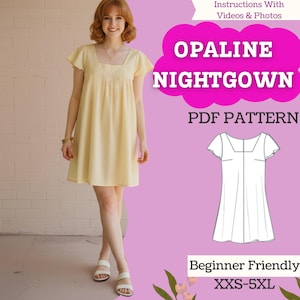 Vintage Nightgown Sewing Pattern – Flutter Sleeve A-Line, Square Neck (PDF, A4/US Letter + A0, XXS–5XL)