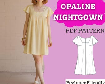 Vintage Nightgown Sewing Pattern – Flutter Sleeve A-Line, Square Neck (PDF, A4/US Letter + A0, XXS–5XL)