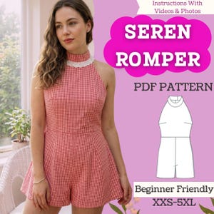 May include: A red and white gingham romper featuring a high neck with a white lace collar. The image includes text reading SEREN ROMPER, PDF PATTERN, Instructions With Videos & Photos, Beginner Friendly, and XXS-5XL, with a line drawing of the romper.