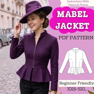 Könnte beinhalten: Eine lächelnde Frau trägt eine lila Jacke und einen Hut. Die Jacke hat eine Schößchen, einen Reißverschluss und einen Stehkragen. Das Bild enthält den Text "MABEL JACKET PDF PATTERN" und eine Strichzeichnung der Jacke. Das Muster ist anfängerfreundlich, Größen XXS-5XL.