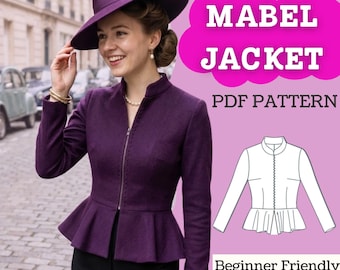 Peplum Jacket Sewing Pattern: Women’s 1950s Fitted Zip-Front Mandarin Collar Top (PDF Download, XXS-5XL)