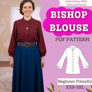 Może przedstawiać: Kobieta w bordowej bluzce bishop i długiej niebieskiej spódnicy, z brązowym paskiem. Obraz zawiera tekst "BISHOP BLOUSE PDF PATTERN" i "Beginner Friendly XXS-5XL". Widoczny jest również rysunek bluzki.