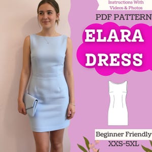Könnte beinhalten: Hellblaues ärmelloses Kleid mit passender Clutch. Das Kleid hat eine figurbetonte Silhouette und einen U-Boot-Ausschnitt. Das Bild enthält den Text "ELARA DRESS" und "PDF PATTERN". Das Muster ist anfängerfreundlich und in den Größen XXS-5XL erhältlich.