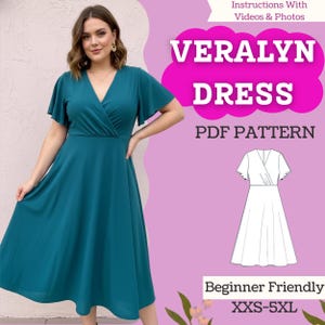 Könnte beinhalten: Ein türkisfarbenes Wickelkleid mit flatternden Ärmeln. Das Kleid hat einen V-Ausschnitt und einen fließenden Rock. Das Bild enthält den Text "VERALYN DRESS PDF PATTERN" und eine Strichzeichnung des Kleides. Das Muster ist anfängerfreundlich und in den Größen XXS-5XL erhältlich.