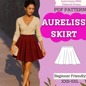 Peut inclure: Une femme porte un cardigan beige et une jupe bordeaux évasée. L'image contient le texte "Aureliss Skirt" et "PDF Pattern". Le patron est adapté aux débutants et disponible en tailles XXS-5XL.
