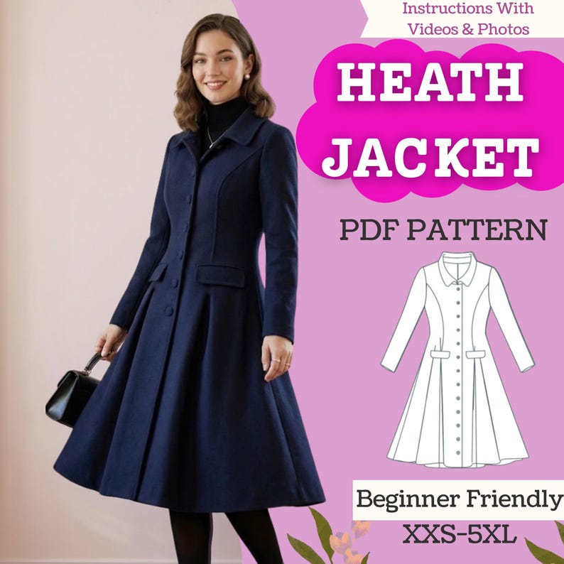 Fit & Flare Coat Sewing Pattern: Women’s Lined Button-Front Midi Jacket (PDF Download, XXS-5XL) image 1