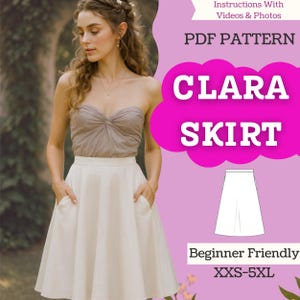Può includere: Una donna indossa un top senza spalline beige e una gonna bianca con tasche. L'immagine include il testo "PDF PATTERN CLARA SKIRT" e "Beginner Friendly XXS-5XL".