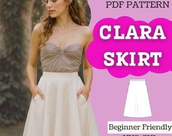 Patrón de costura en PDF para falda midi de corte A: cintura alta con bolsillos (XXS-5XL A0/A4/Carta)