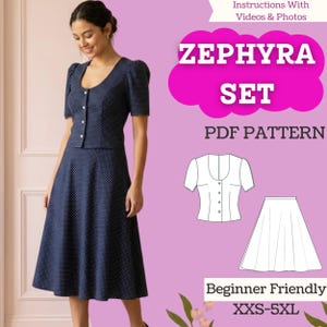 Puede incluir: Un conjunto de dos piezas azul marino con lunares blancos, con una blusa abotonada con mangas cortas abullonadas y una falda acampanada. La imagen incluye el texto "ZEPHYRA SET PDF PATTERN" y "Beginner Friendly XXS-5XL".