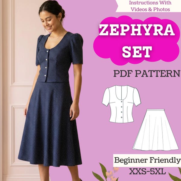 Two-Piece Sewing Pattern Bundle PDF: Button-Front Puff Sleeve Blouse + Half Circle Midi Skirt