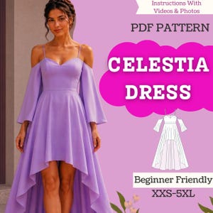 Puede incluir: Un vestido color lavanda con bajo asimétrico, tirantes finos y mangas descubiertas. El texto dice: Instructions With Videos & Photos, PDF PATTERN, CELESTIA DRESS, Beginner Friendly, XXS-5XL. Incluye un dibujo lineal del diseño.
