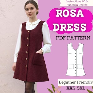 Peut inclure: Une robe sans manches bordeaux en tissu texturé, avec une encolure dégagée et une fermeture boutonnée à l'avant avec des boutons dorés. Deux grandes poches plaquées sont présentes. Le texte indique ROSA DRESS PDF PATTERN, Instructions With Videos & Photos.