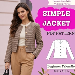 Könnte beinhalten: Eine braun-weiße Jacke mit Hahnentrittmuster, rundem Ausschnitt und vier goldenen Knöpfen. Das Bild enthält den Text SIMPLE JACKET PDF PATTERN, Instructions With Videos & Photos, Beginner Friendly, XXS-5XL sowie eine Strichzeichnung der Jacke.
